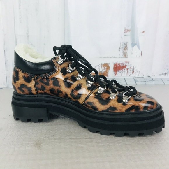 Schutz Lucille Vernizes Leopard Faux Sherling Lined Lace Up Booties - Picture 4 of 7